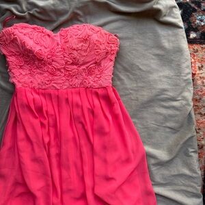 Strapless Coral Dress with Floral Bodice